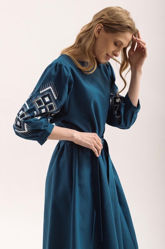 blue embroidered midi dress Light Blue Embroidered Midi Dress