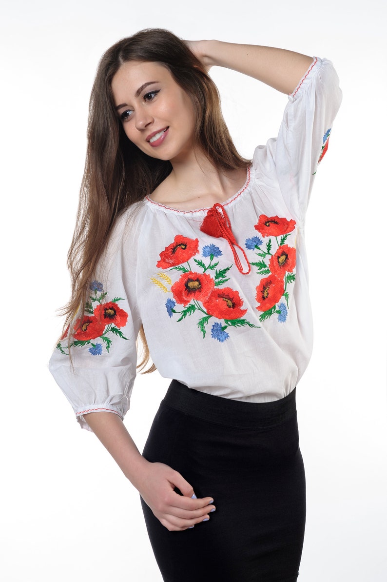 Ukranian ethnic pattern Batiste embroidered blouse Poppy flowers traditional multycolour satin stich embroidery summer vyshyvanka