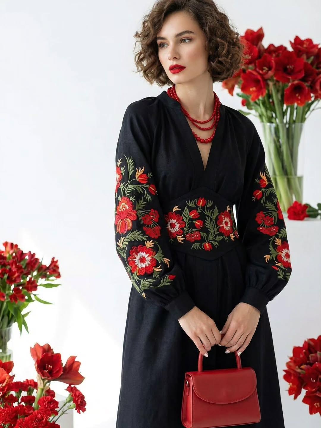 Corset Dress Embroidered: Ukrainian Petrykivka Floral Dress | Black Midi Dress Red Embroider | Folk Inspired Elegant Dress | Malyar Set