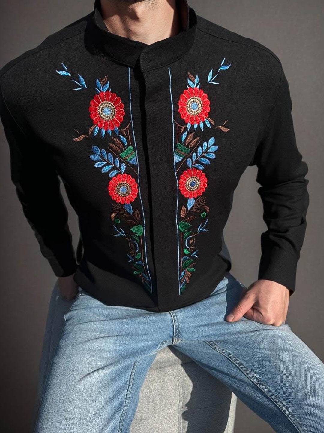 Embroidered Ukrainian Vyshyvanka Linen Shirt, Floral Pattern, Band