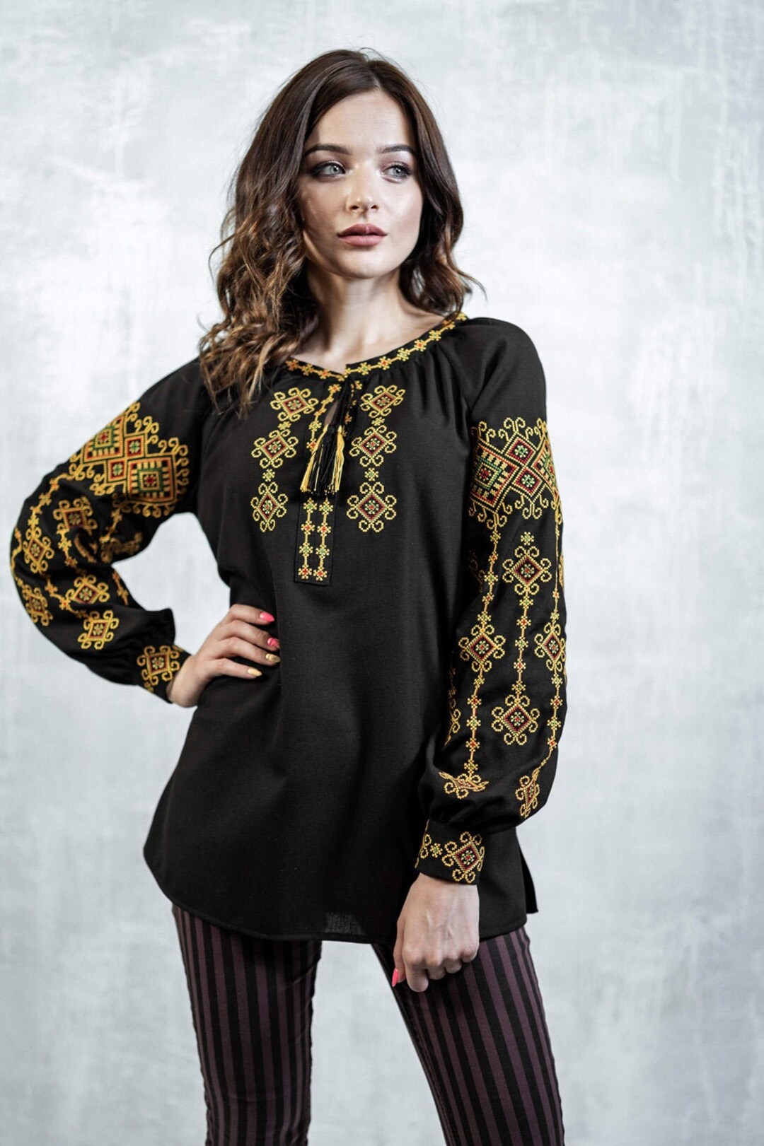 Cotton Embroidered Blouse golden Fall Black , Ukranian Ethnic Pattern ...