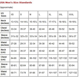 May include: A black and white grid chart titled USA Men's Size Standards. The table lists sizes from XS to XXXL with corresponding measurements for neck, chest, sleeve, and waist in both inches and centimeters to provide a reference for clothing.
