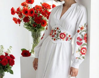 Geborduurde korsetjurk: Oekraïense petrykivka-bloemenjurk | Witte midi-jurk rood geborduurd | Op folk geïnspireerde elegante jurk | Maljar-set