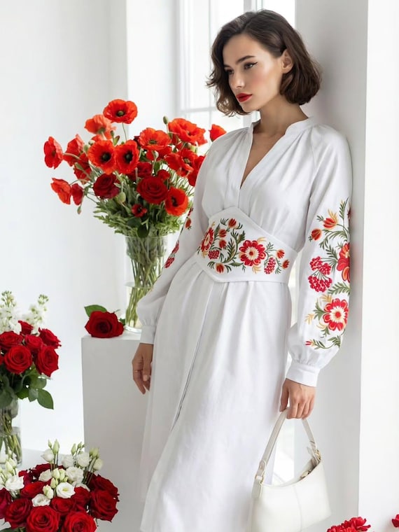 knee length dresses for ladies Suzette White Floral Embroidered Midi Dress – Frock and Frill main image 0