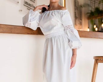 Vestido de verano blanco bordado de lino, vestido étnico ucraniano con bordado blanco sobre blanco, vestido Vyzerunok, regalo para ella