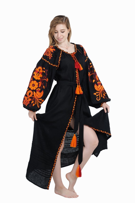 Ukrainian ethnic dress with traditional embroidery Linen embroidered dress Firebird midi
