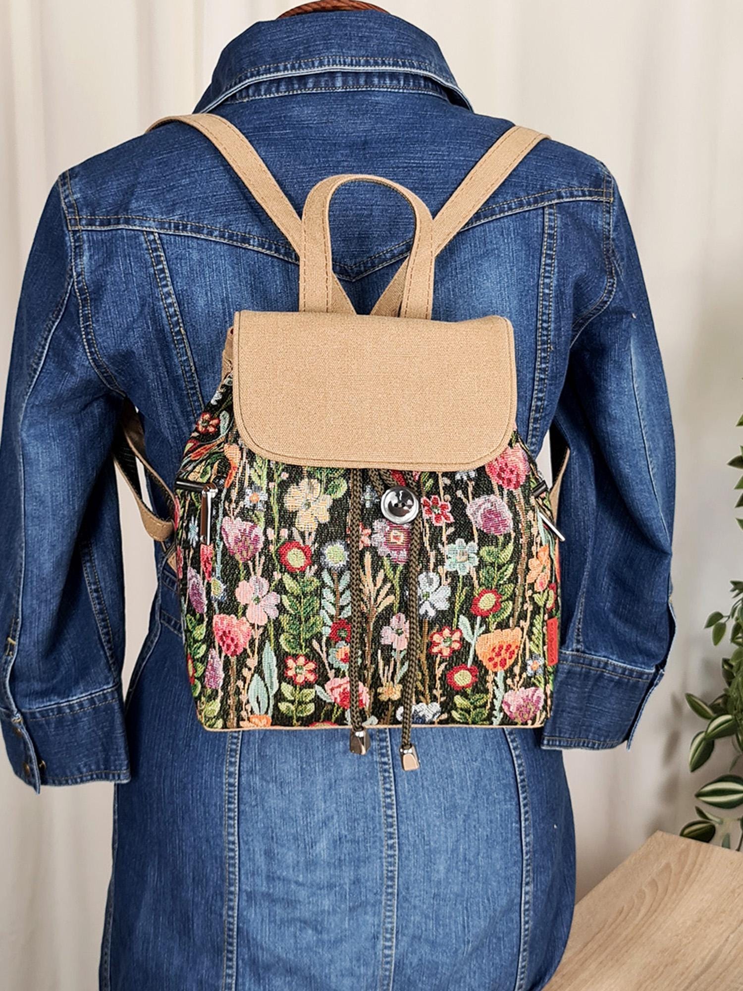 Embroidered Denim Backpack, Ukrainian Folk Tapestry, Boho Floral