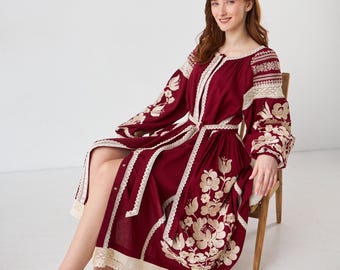 Leinen Kleid blau bestickt, Ukrainisches ethnisches Kleid mit Schwalbenstickerei, Bauernkleid, Vyzerunok Kleid, Geschenk für Sie, Boho Kleid