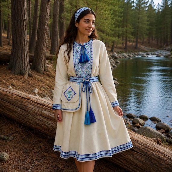 bohemian traditional dress Embroidered Cotton Dress: Finnish Jewish Style, Tassel Belt, Gift to Her Size:6 UK - 40 EU - 7 US