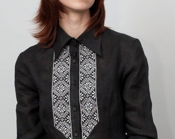 Modern Ukrainian women  vyshyvanka   blouse "", silver on black embroidery, , office embroidered blouse, outfit for couple