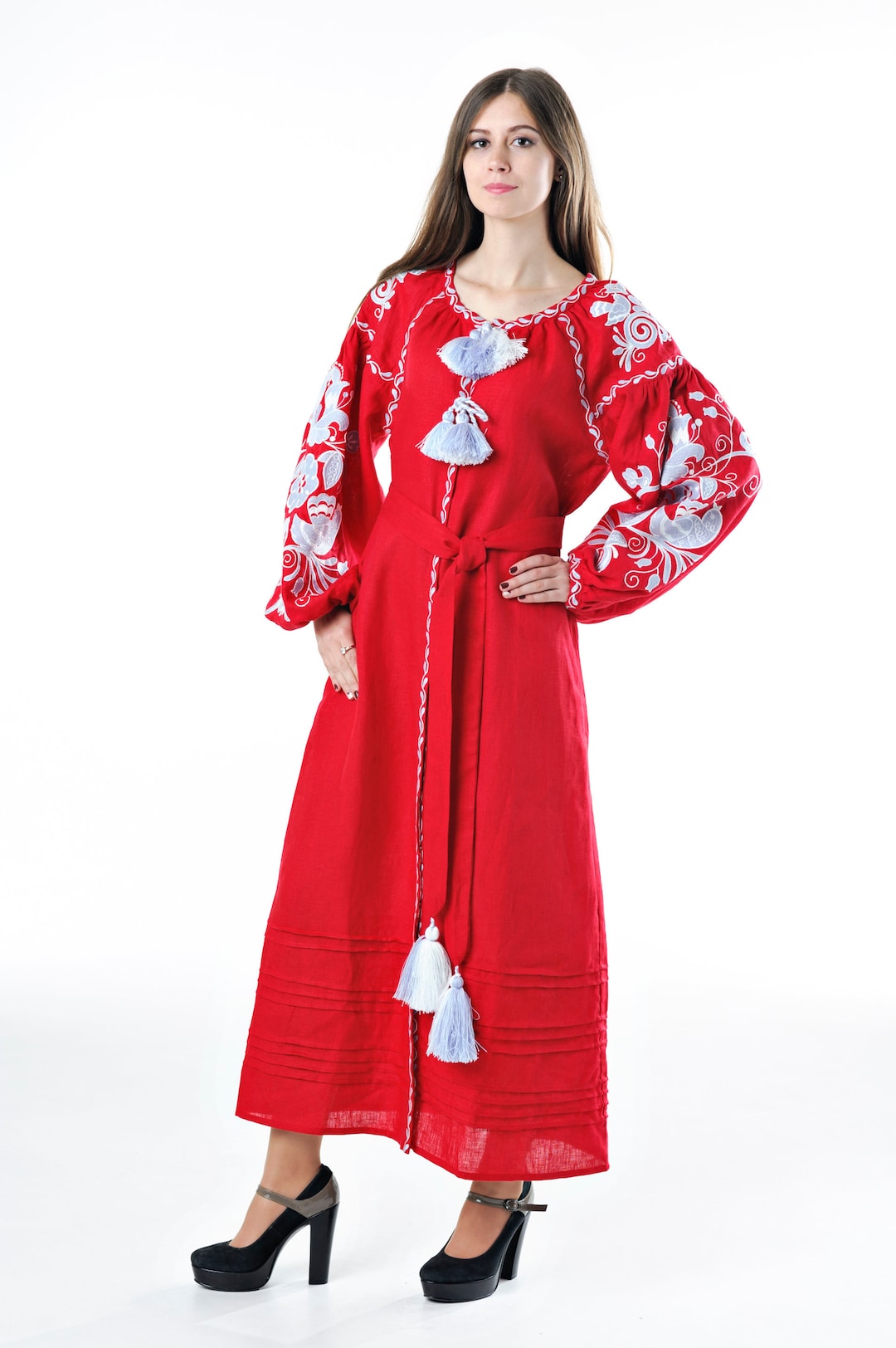 Ukrainian Linen Embroidered Dress birds Maxi Red, Ukrainian Ethnic