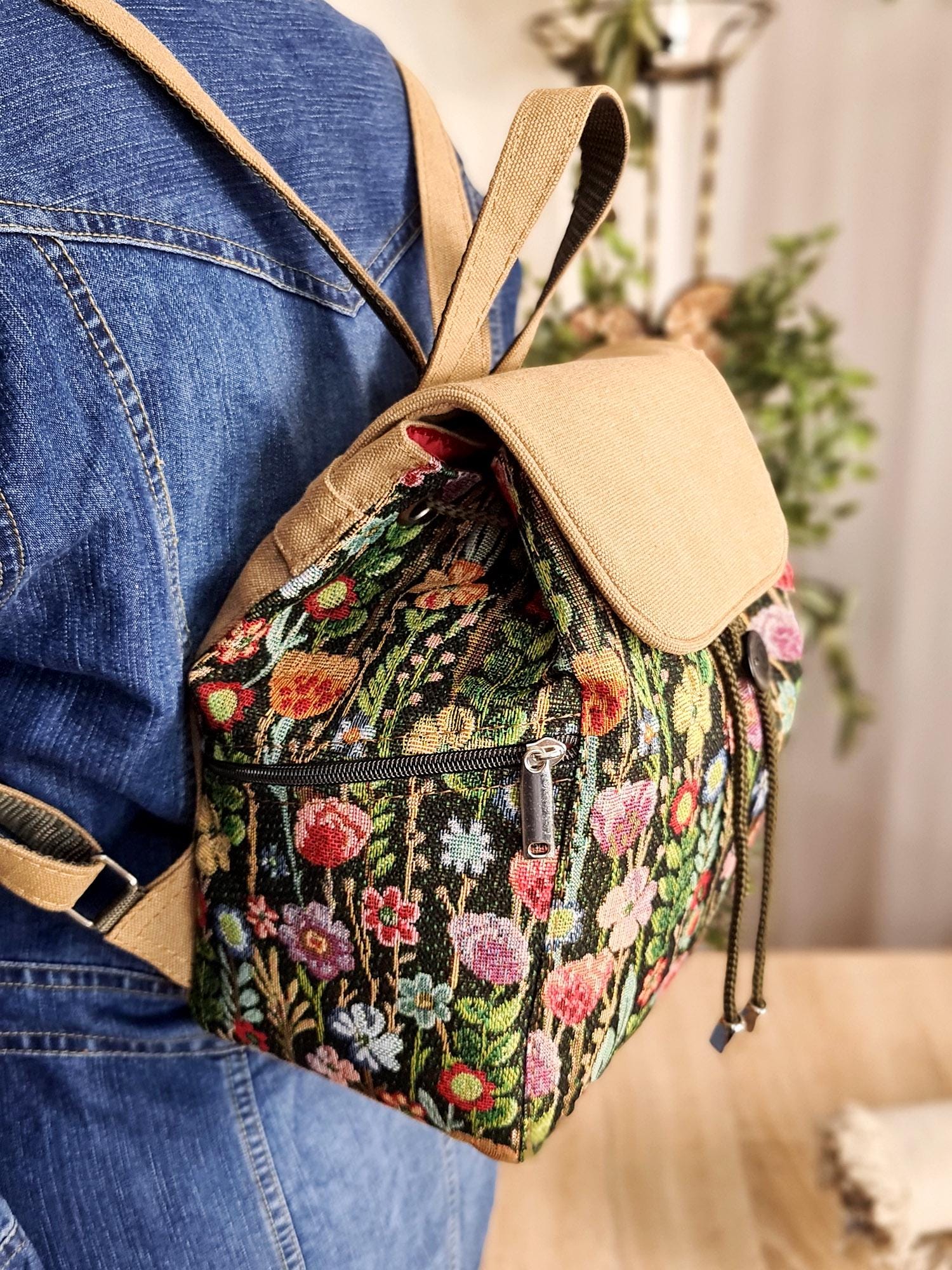 Canvas Convertible Backpack Purse - Boho Embroidered Tapestry Bag Boho Roll-Top Tapestry Style Backpack main image 3