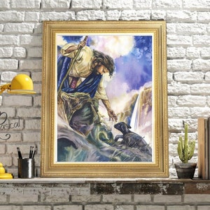 Jesús Sale del 99 - Cuadro de Jesús. El BUEN PASTOR Jesús art. Acuarela Jesús con Cordero - Impresión de Jesucristo / Pintura de Cristo