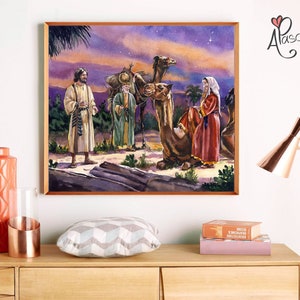 biblical paintings bible art Isaac and Rebecca painting Isaac and Rebecca art Watercolor Bible Print Isaac and Rebecca Poster Watercolor