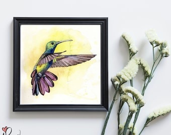 May include: Watercolor painting of a hummingbird in flight with green, blue, and purple feathers against a yellow background.