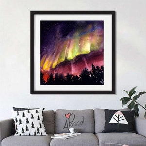 NORTHERN LIGHTS WATERCOLOR aurora borealis painting glow in the dark polar lights blacklight art Aurora Night sky polar lights