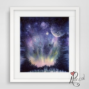 Aurora Borealis NORTHERN LIGHTS WATERCOLOR painting glow in dark polar lights blacklight art Night sky starry sky, alaska art, astronomy art