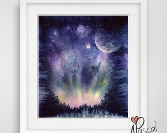 Aurora Borealis NORTHERN LIGHTS WATERCOLOR painting glow in dark polar lights blacklight art Night sky starry sky, alaska art, astronomy art