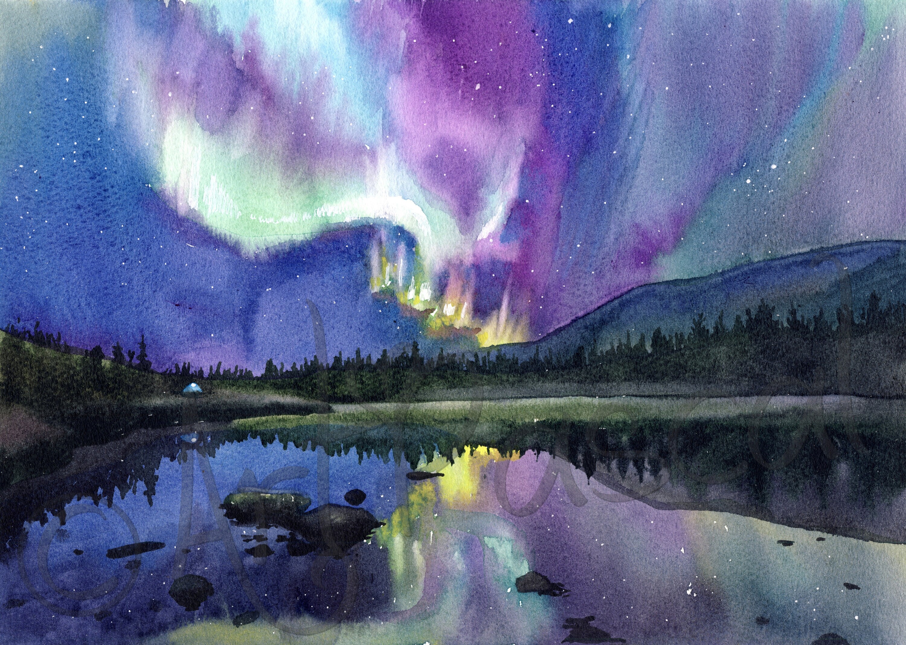 Aurora Night sky ORIGINAL Watercolor NORTHERN LIGHTS painting | Etsy