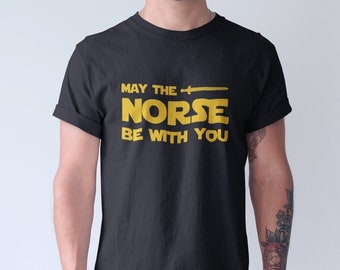 May The Norse Be With You - Gold Unisex T-Shirt | Modern Viking Shirt | Funny Scandinavian Graphic Tee | Norwegian Clothing for Men or Women