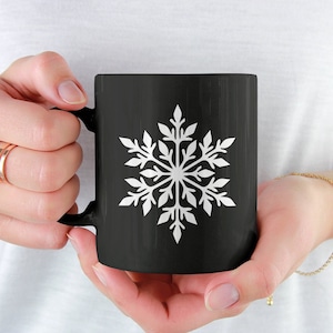 Snowflake Coffee Mug | Black and White Snowflake Ceramic Cup | Holiday Home Decor | Scandinavian Design Christmas Mug for Hot Cocoa