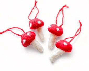 Felted Wool Mushroom Ornaments | Red and White Cute Felt Toadstool Garland | Woodland Cottage Core Holiday Decor | Christmas Tree Decoration