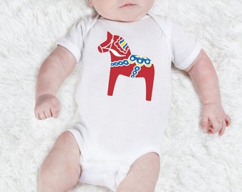 Dala Horse Baby Outfit | Swedish Horse Infant Bodysuit | Traditional Nordic Folk Art Kids Clothing | Sweden Souvenir New Baby Gift