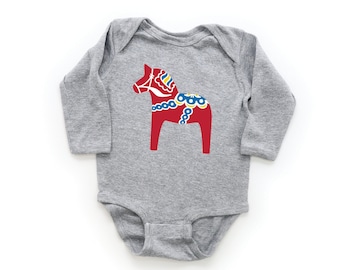 Traditional Dala Horse Long Sleeve Bodysuit | Swedish Horse Infant One Piece Outfit | Scandinavian New Baby Gift | Nordic Folk Art Kids Tee