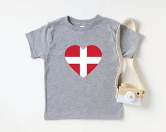 Danish Flag Heart Toddler T-Shirt | Flag of Denmark Kids Shirt | Danish Love Children's Tee | Copenhagen Aarhus Odense Roskilde Esbjerg