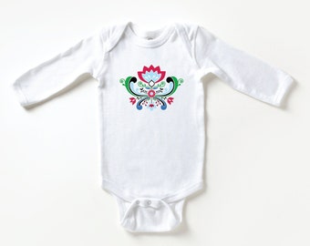 Midsummer Rosemaling Long Sleeve Baby Bodysuit | Norwegian Folk Flower Infant Outfit | Scandinavian Graphic Design Baby Romper