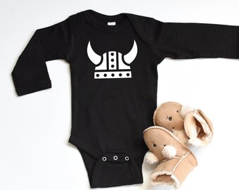 Viking Helmet Long Sleeve Bodysuit | Baby Viking One Piece Outfit | Norse Gods Kids Clothing | Scandinavian Baby Shower Gift