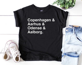 Cities Of Denmark Toddler Tee | Visit Denmark Kids T-Shirt | Copenhagen Aarhus Odense Aalborg Souvenir Shirt | Danish Roots Children's Gift