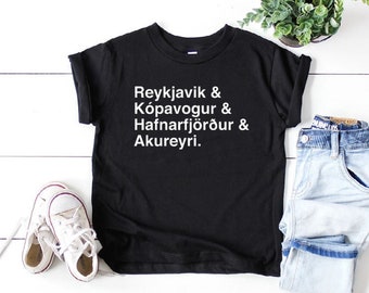 Cities Of Iceland Toddler Tee | Icelandic Souvenir Kids T-Shirt | Reykjavik Kopavogur Hafnarfjorthur Akureyri Shirt | Icelandic Children Tee