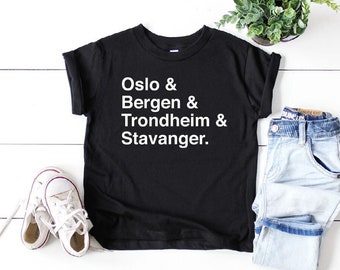 Cities Of Norway Toddler Tee | Norwegian Place Names Kids T-Shirt | Visit Norway Souvenir Children's Shirt | Oslo Bergen Trondheim Stavanger