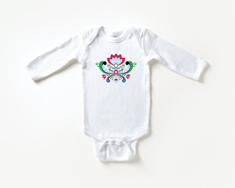 Midsummer Rosemaling Long Sleeve Baby Bodysuit Norwegian Folk Flower Infant Outfit Scandinavian Graphic Design Baby Romper Bild 1