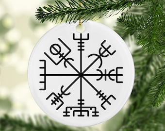 Vegvisir Christmas Ornament | Viking Compass Pagan Runes Ceramic Ornament | Pagan Holiday Decor | Scandinavian God Jul Decoration