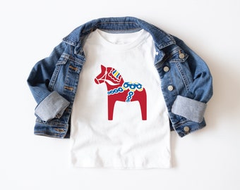 Traditional Dala Horse Toddler T-Shirt | Swedish Horse Kids Shirt | Scandinavian Folk Art Children's Tee | Sweden Roots Clothing GIft