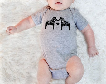 Dala Horse Baby Bodysuit | Swedish Horse Infant Outfit | Scandinavian Folk Art Clothing | Swedish Baby Shower Gift | Made In Sweden Shirt
