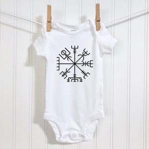 Vegvisir Baby Bodysuit | Viking Compass Infant Romper | Pagan Runes Baby Clothes | Nordic Baby Shower Gift | Magical Staves Wayfinder Shirt