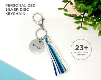 Silver Personalized Disc Keychain with Suede Tassel | Pick your own colored tassel!