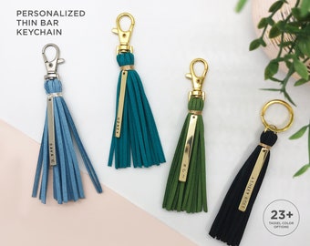 Personalized Thin Bar Keychain | Suede Tassel | 23+ Color Options