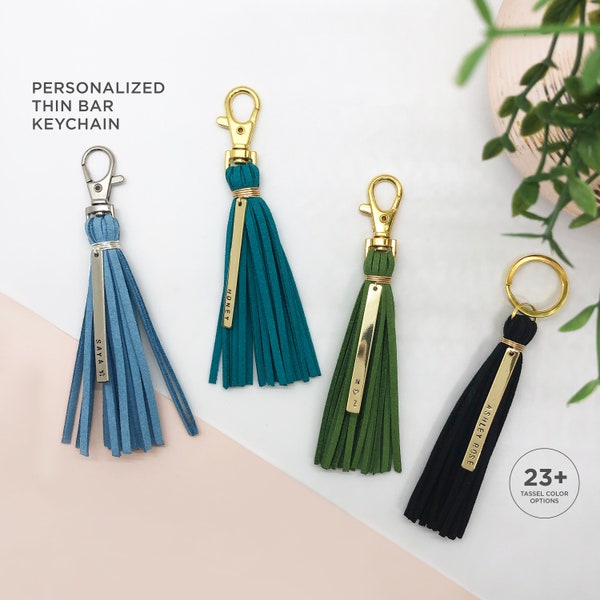 Personalized Thin Bar Keychain | Suede Tassel | 23+ Color Options