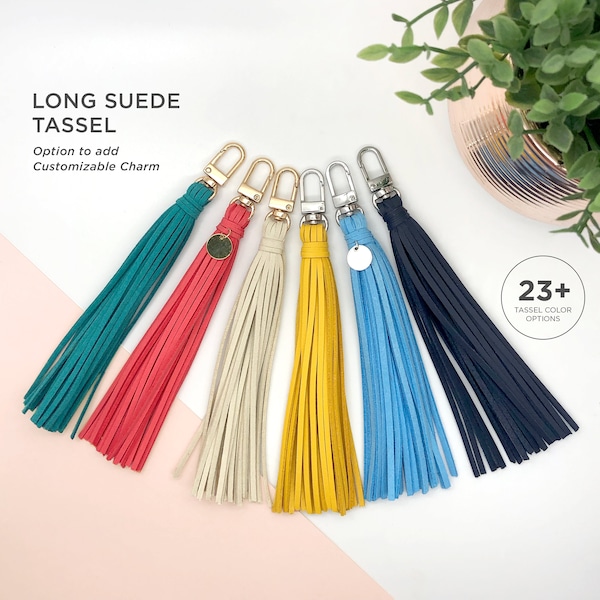 Long Suede Tassel | Option to add Personalized Charm | 23 + Custom Color Options