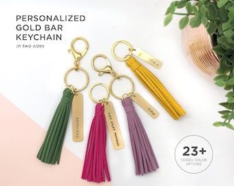 Personalized Gold Bar Keychain with Suede Tassel | 23+ Color Options