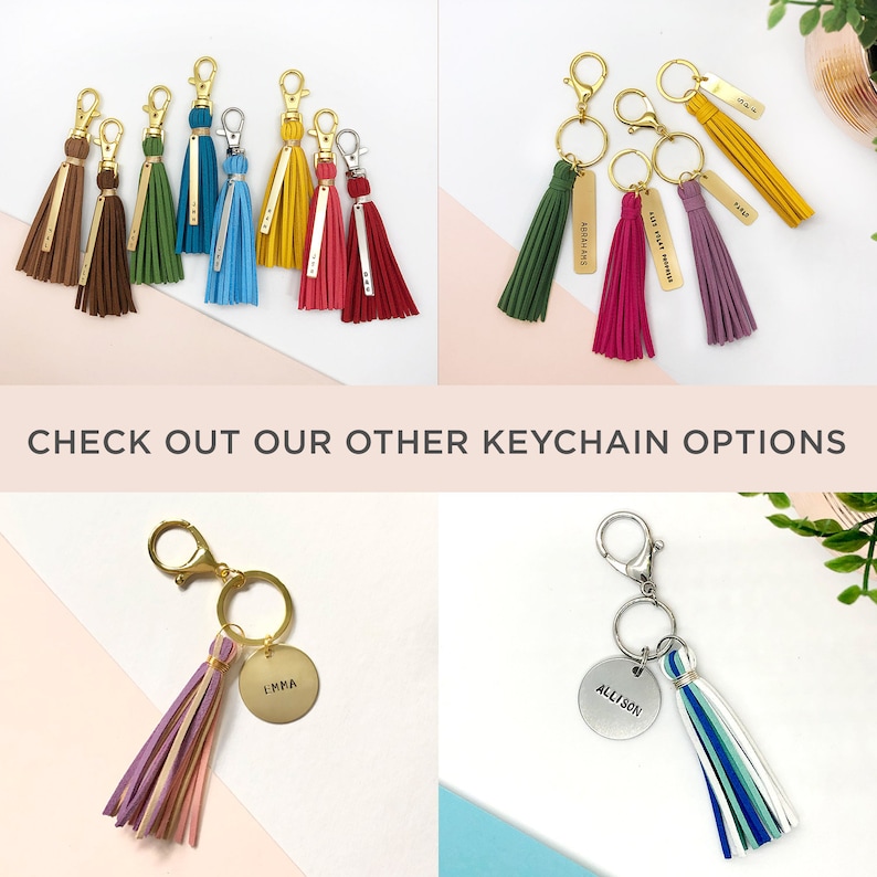 May include: Assortment of colorful tassel keychains with personalized metal tags. Some keychains have names, others have inspirational quotes.  The keychains are displayed on a white background.