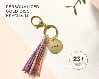 Gold Personalized Disc Keychain with Suede Tassel | Pick your own color tassel!