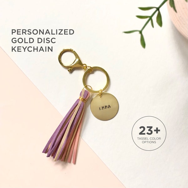 Gold Personalized Disc Keychain with Suede Tassel | Pick your own color tassel!