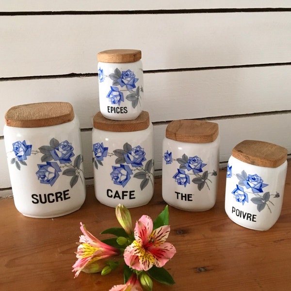 Magnifique ensemble vintage 5 pots en céramique émaillée – décor bleu et blanc - Arts de la table