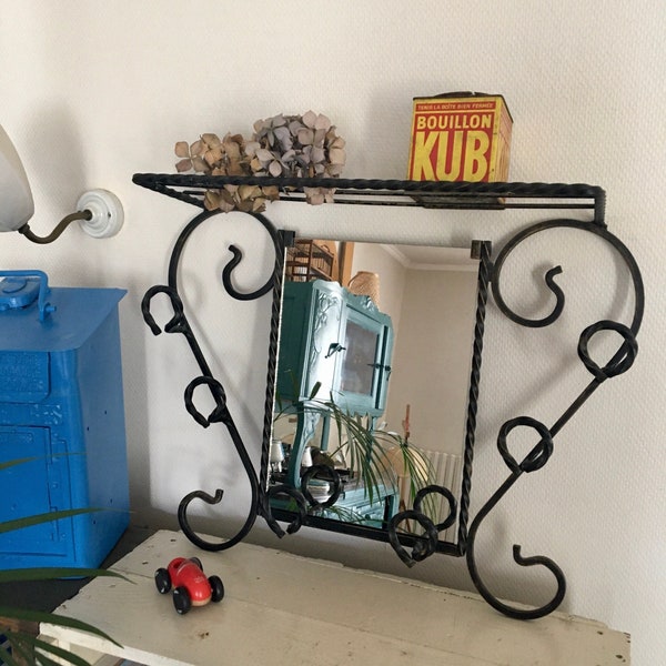 Vintage wrought iron wall mirror coat rack