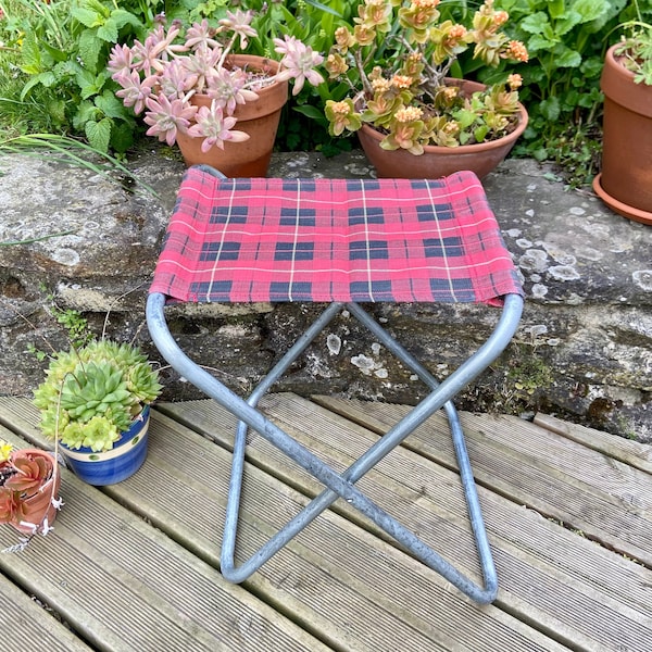 Tabouret de camping vintage tissu écossais